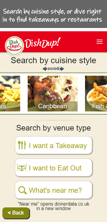 Search DishDup by cuisine or venue type
